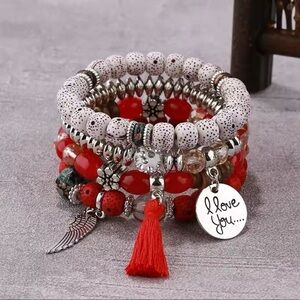 Fiery Red 4pcs Boho Disc Tassel Wing Pendant Beaded Bracelet Set